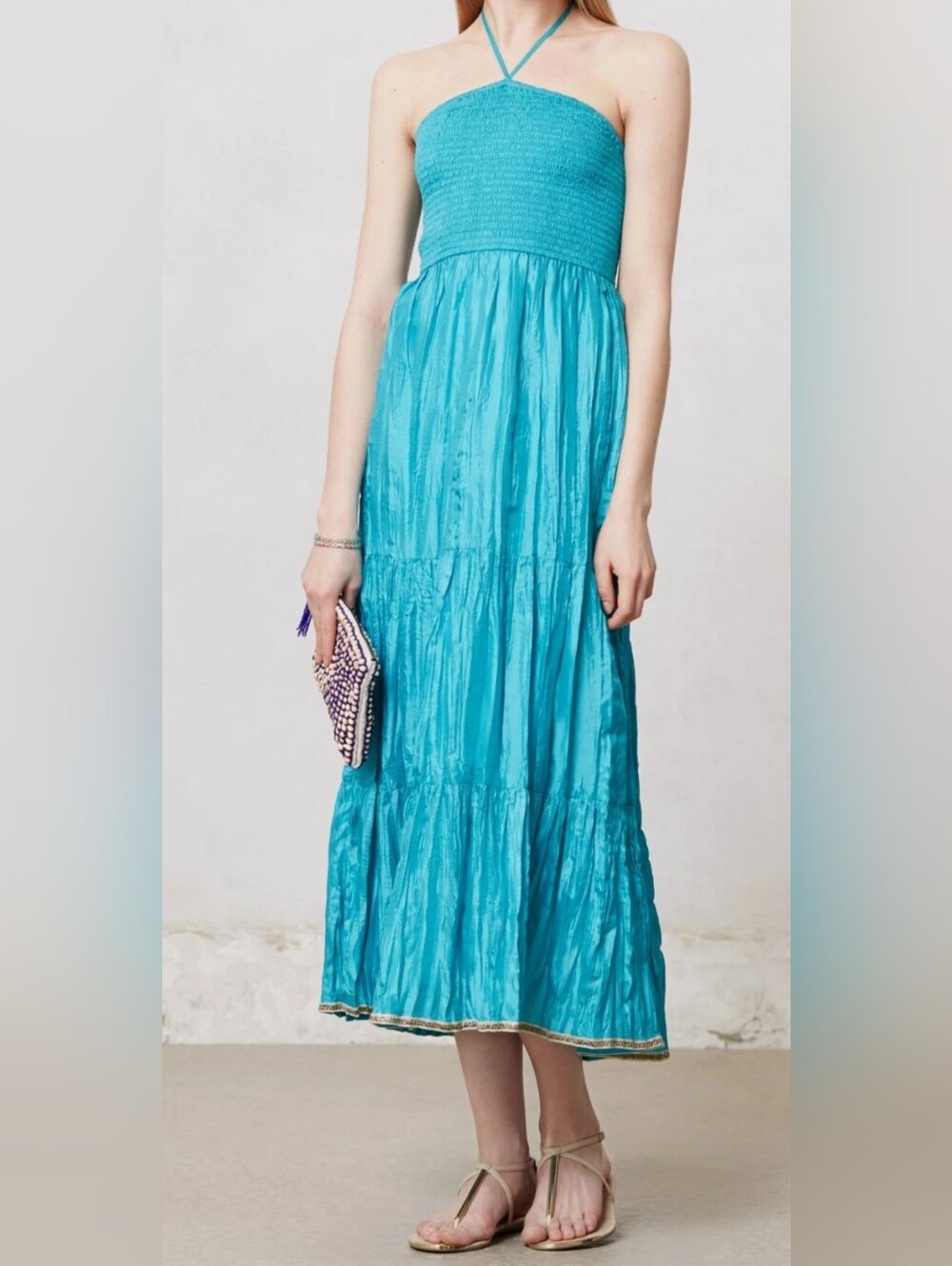 Maeve Anthropologie Daleka Silk Halter Maxi Goddess Dress Turquoise Small